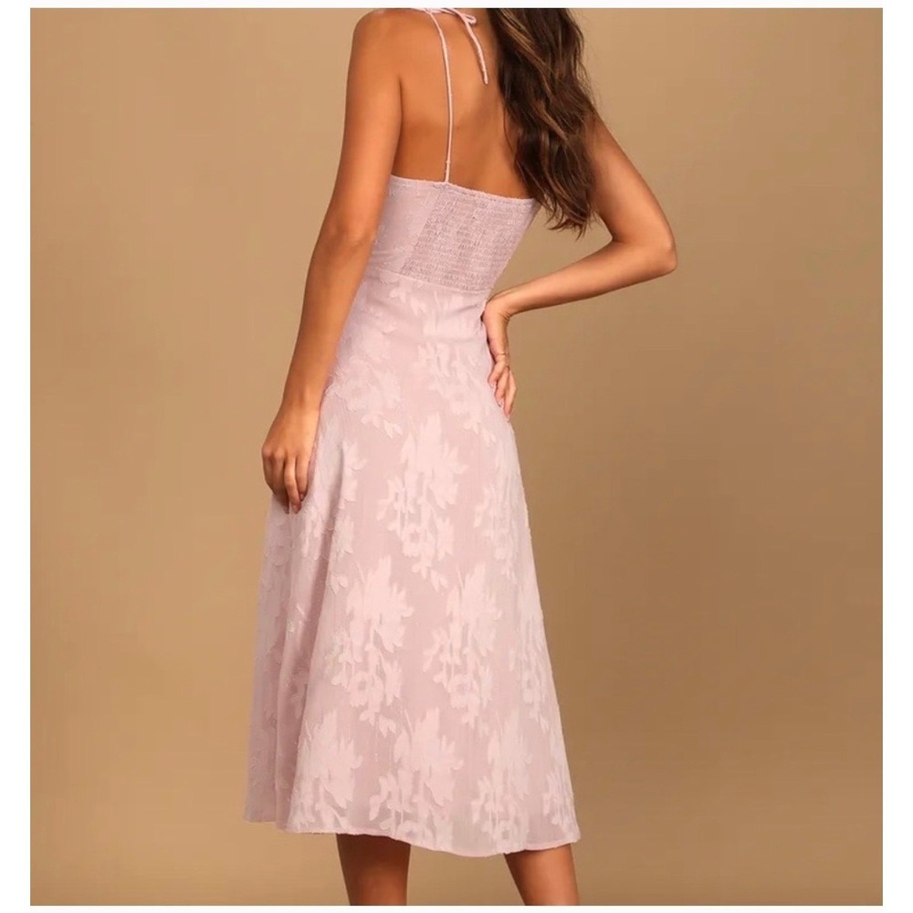 Lulus Lavender Pink Floral Burnout Jacquard Midi Dress Tie Strap Smocked Small - Picture 2 of 7